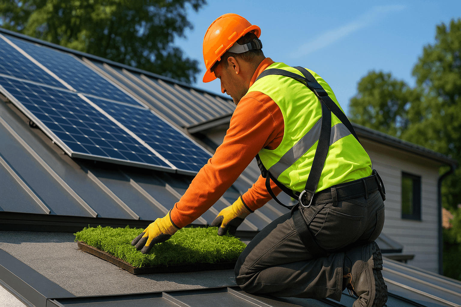Técnico instalando materiales de techado ecológicos en una casa moderna