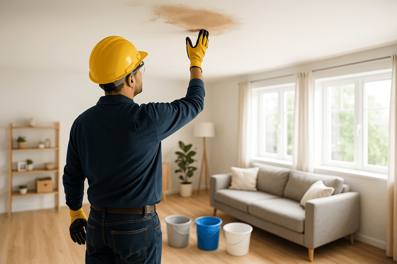 Technician assessing a wet ceiling for emergency roof leak repair