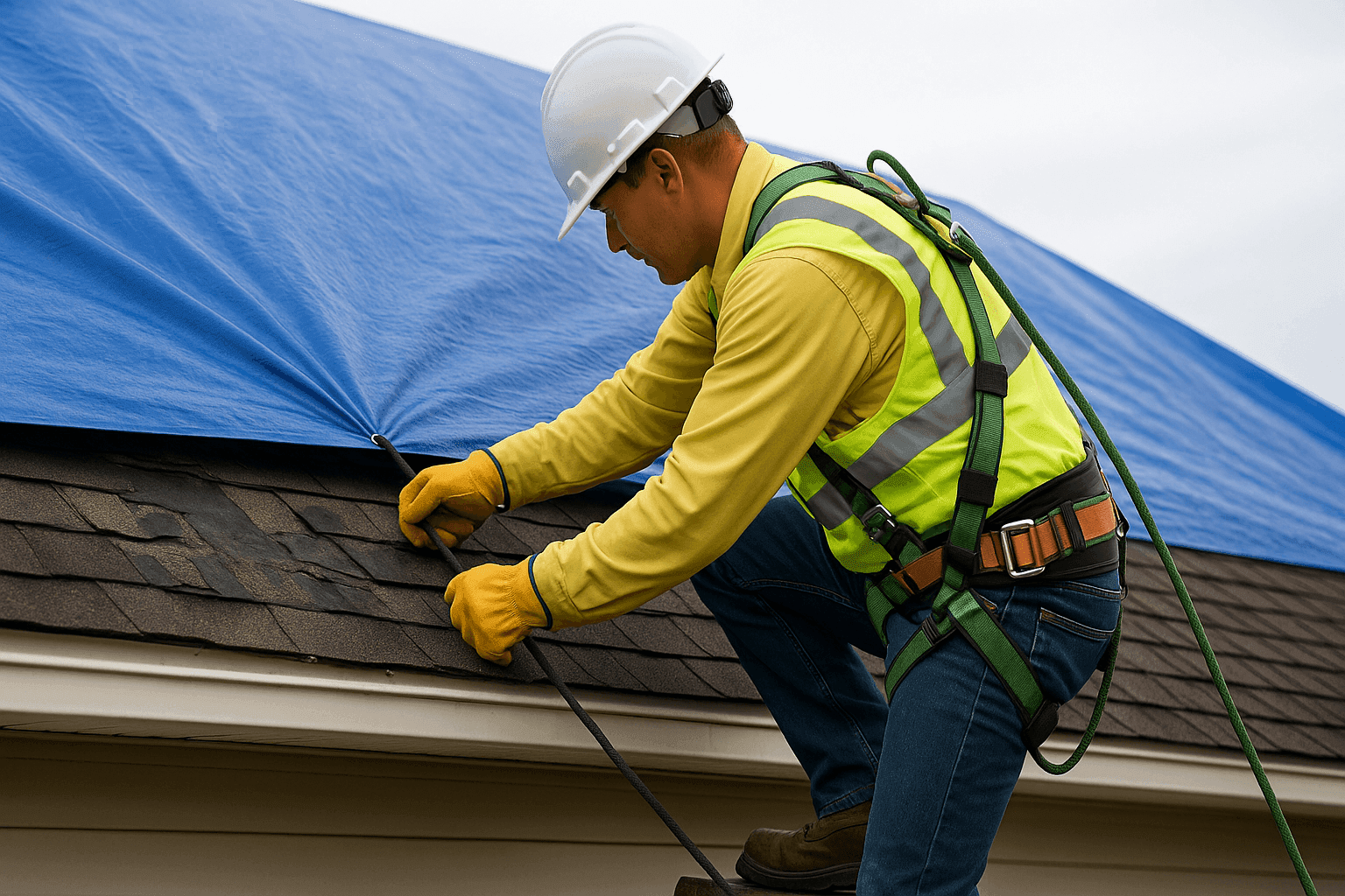 Roofer in safety gear securing a tarp on a storm-damaged roof during daylight
