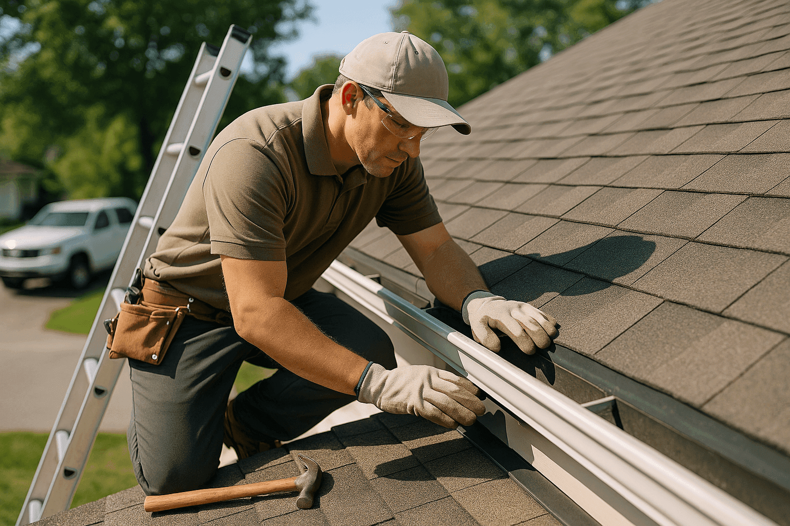 Roofer inspecting shingles and gutters for preventative roof maintenance