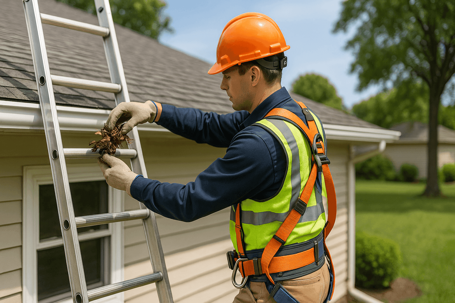 Technician safely cleaning gutters on a single-story home