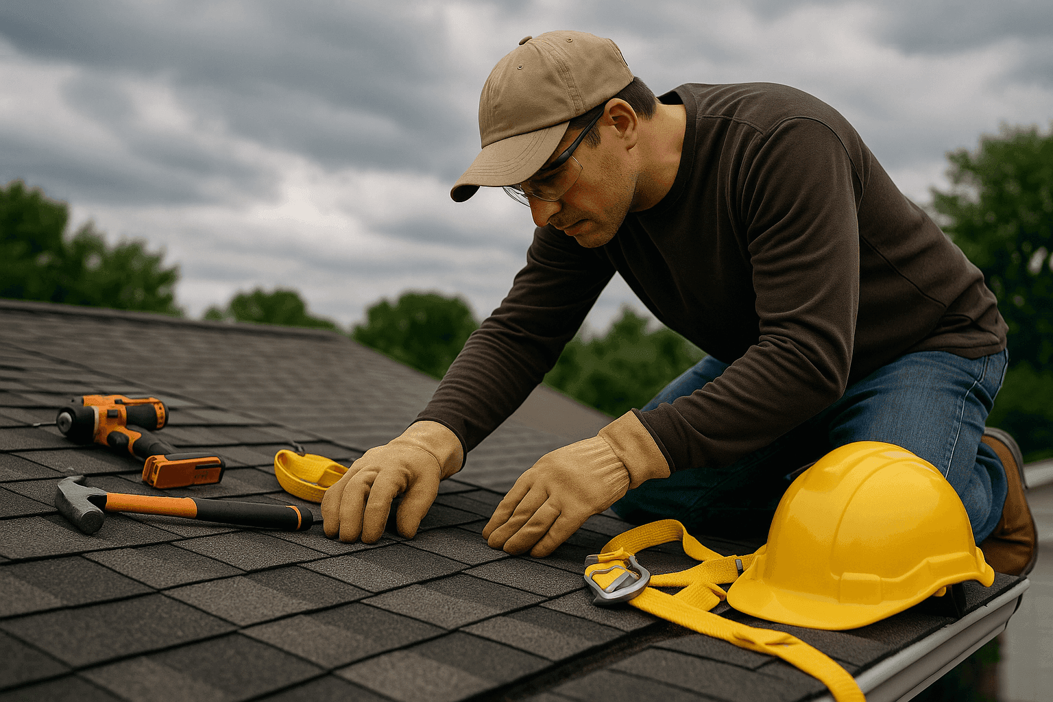 Homeowner inspecting shingled roof with tools preparing for severe weather