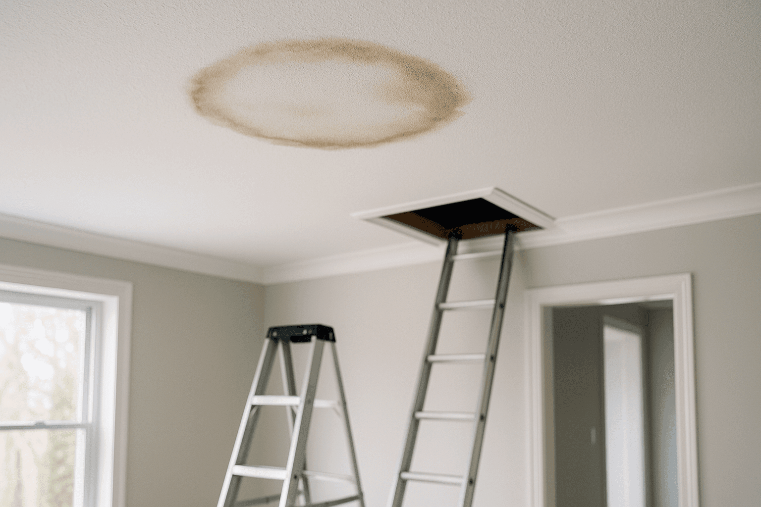 Close-up of water stain on ceiling below damaged roof section