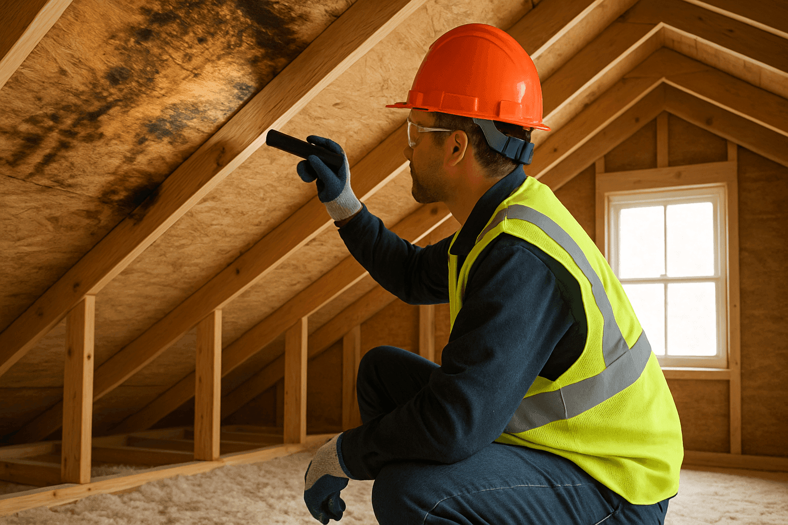 Technician inspecting damaged roof decking from inside an attic