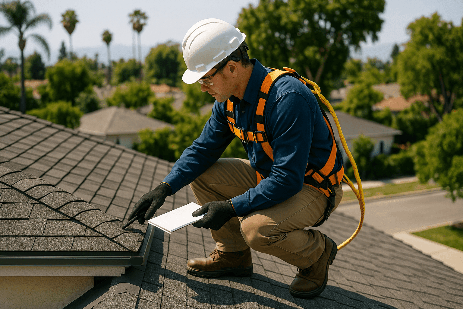 Roof inspector examining shingles and flashing on a residential roof
