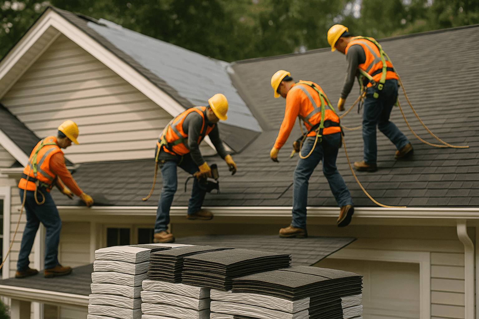Roofing crew replacing shingles on a residential home, with material costs shown