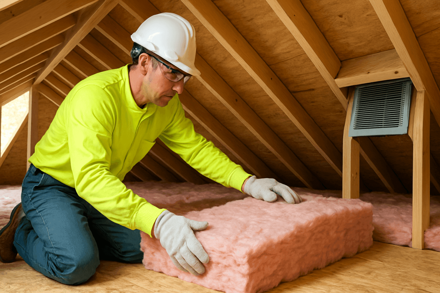 Technician installing attic insulation and checking roof vents