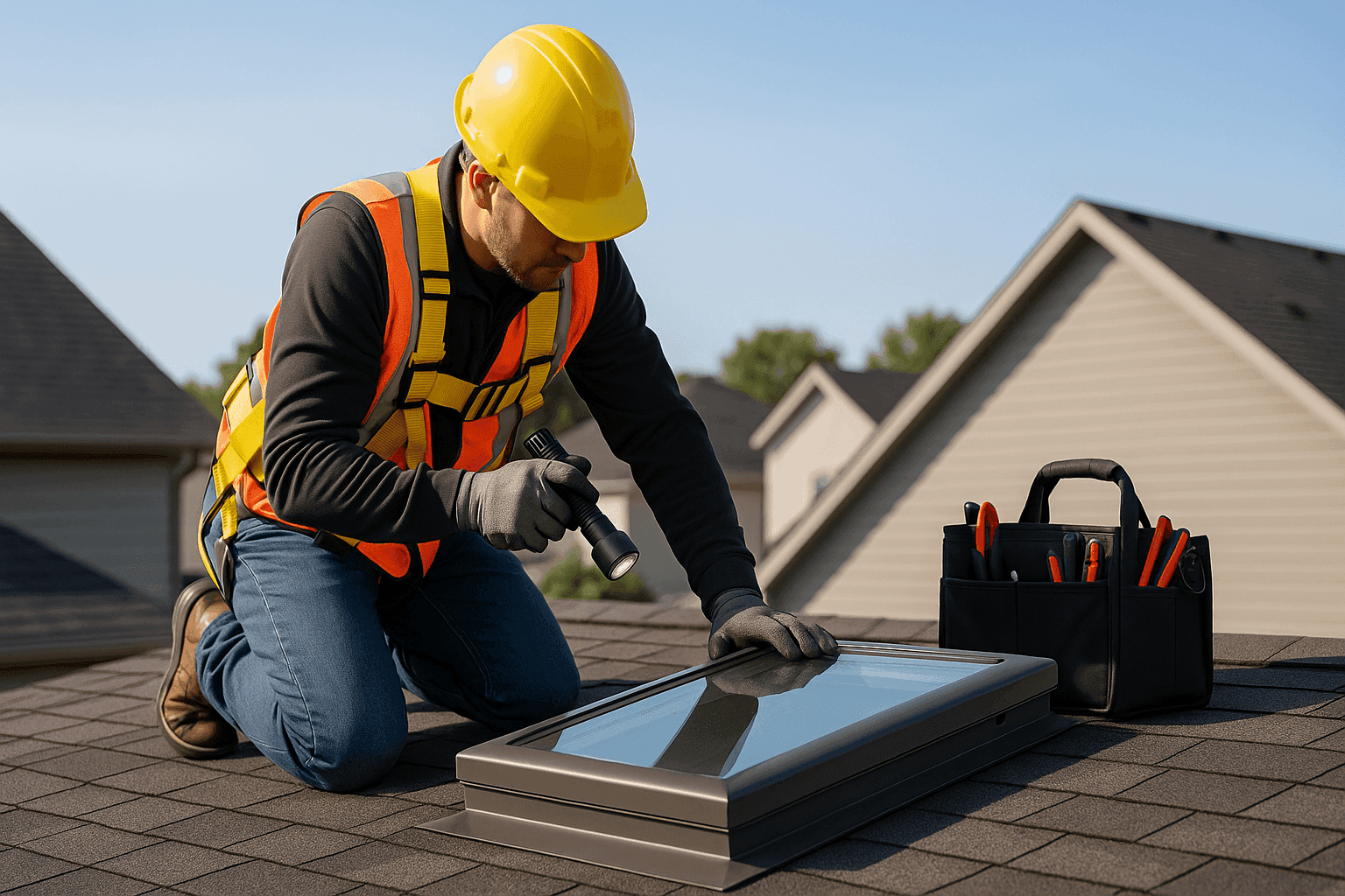Technician inspecting a skylight for leaks on a residential roof