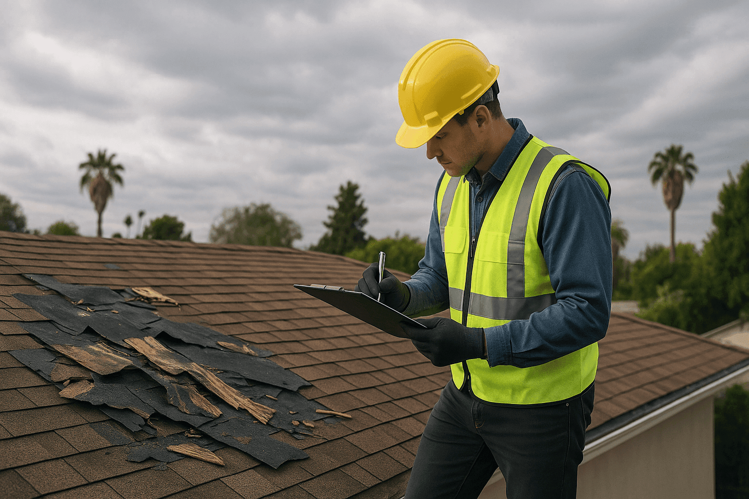 Roof with visible storm damage being inspected after severe weather